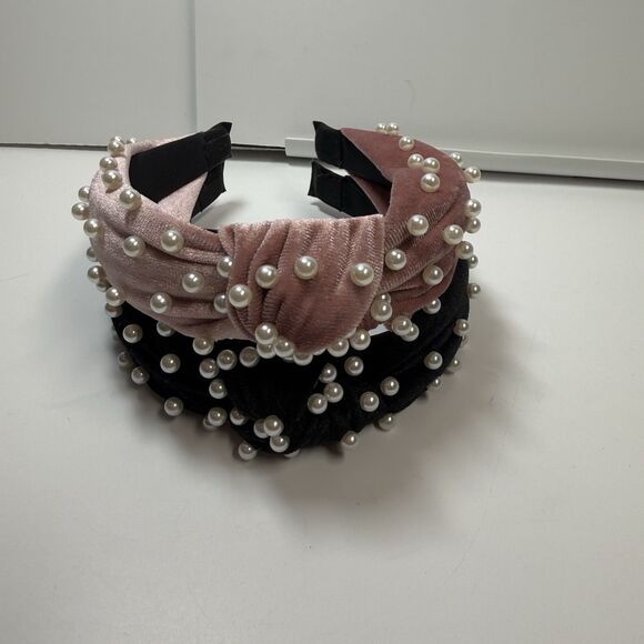 Velvet Top Knot Faux Pearl Embellished Headband Bundle Lot Of 2 Black & Pink New - Picture 4 of 6